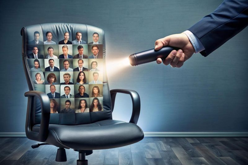 Ferramentas de recrutamento de talentos tech, mostrando um laptop com um dashboard de recrutamento, um smartphone com agenda, currículos e óculos.